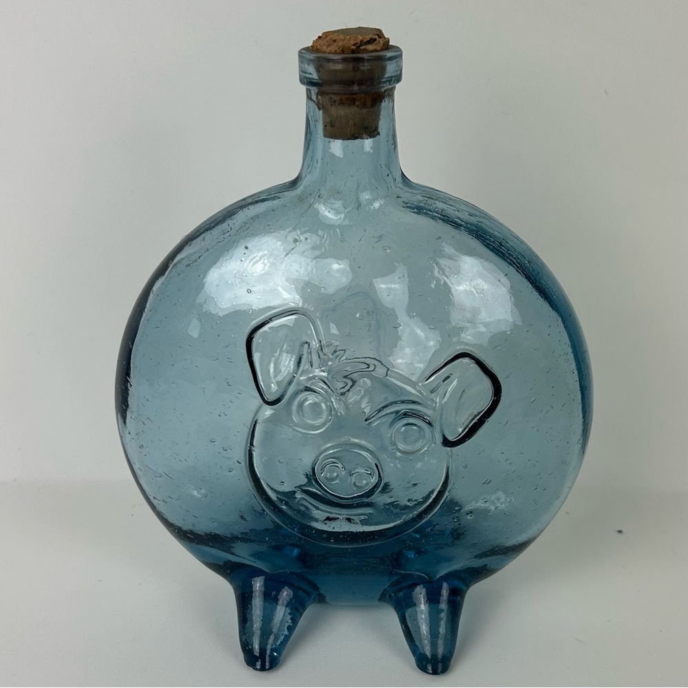 VTG Round  Blue Pig Glass Bottle with cork stopper